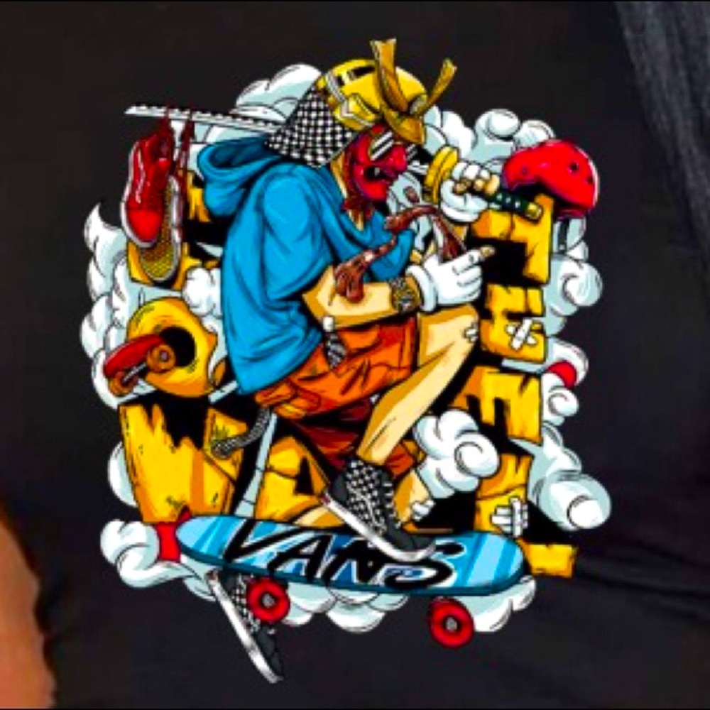 Graffiti Cartoon Character W/VANS Skater 🛹 & Shoes Black T-Shirt Unisex